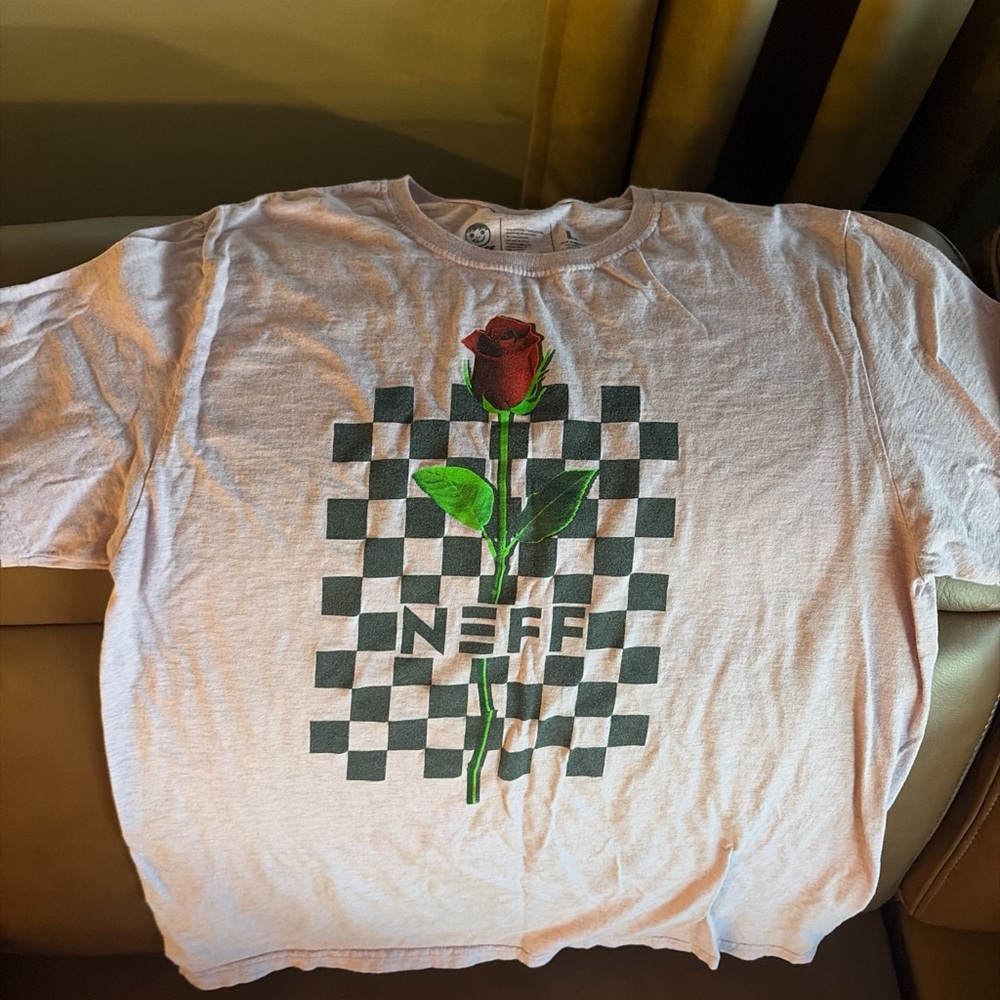 Neff White Tee with Red Rose and Black Checkered Pattern